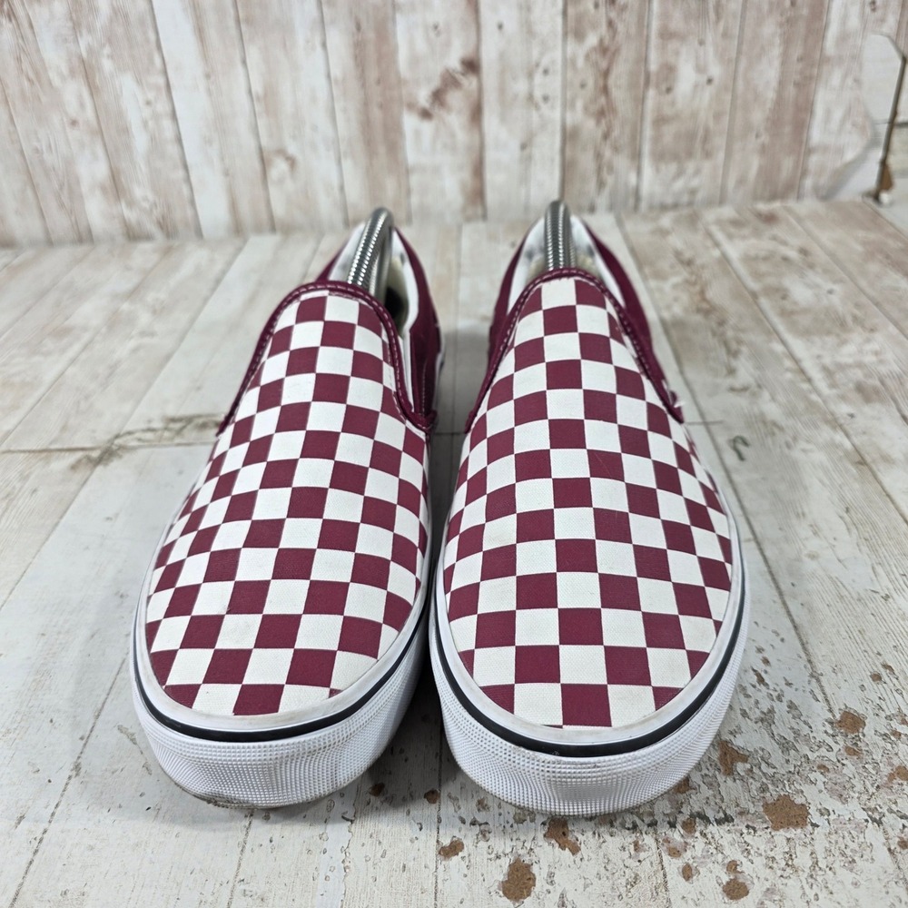 Vans Classic Slip-On Burgundy White Checkerboard Canvas Skate Shoes Mens 10 - Picture 2 of 8